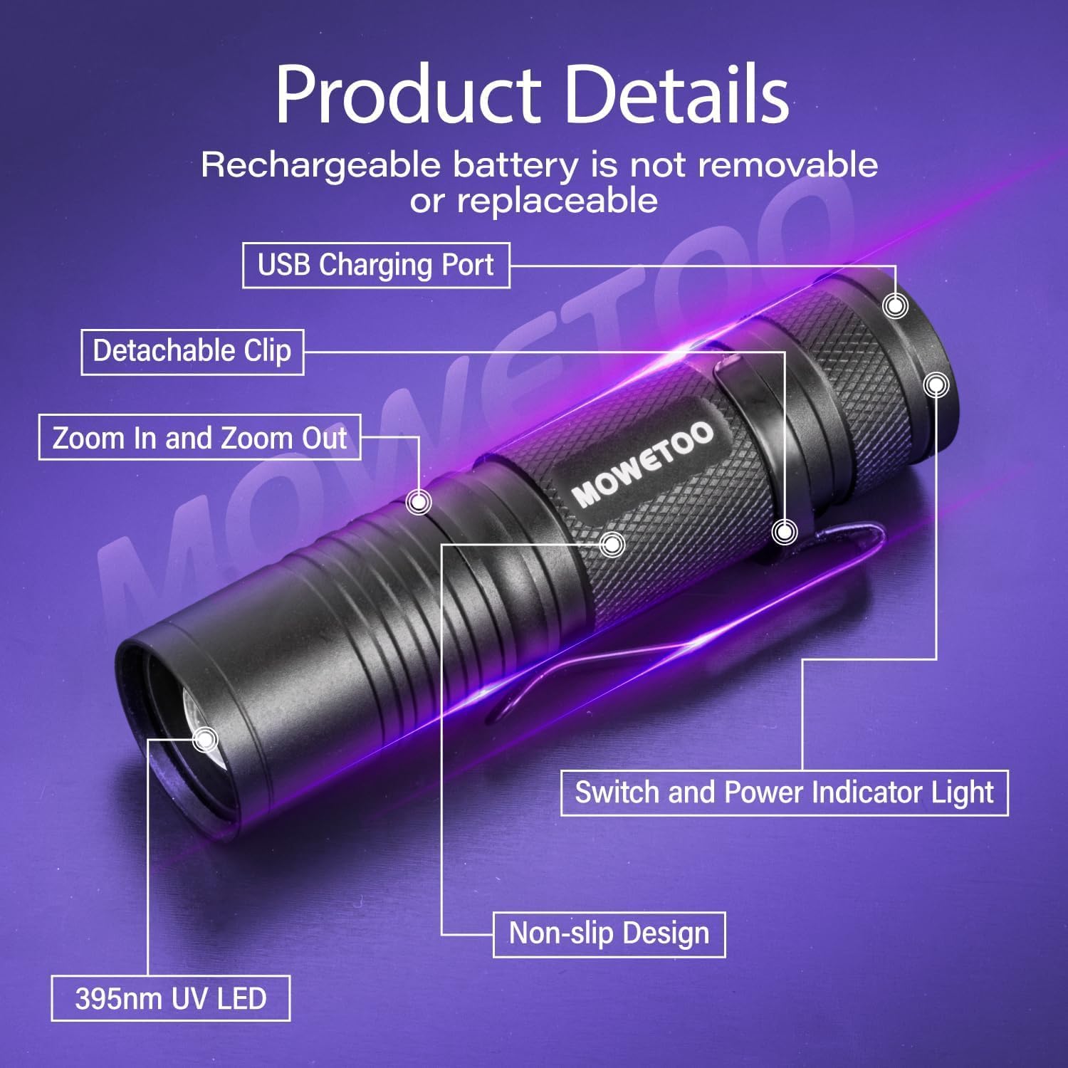 Detalle de MOWETOO UV Torch Rechargeable – Mini LED UV Lamp with 395nm Zoomable Beam