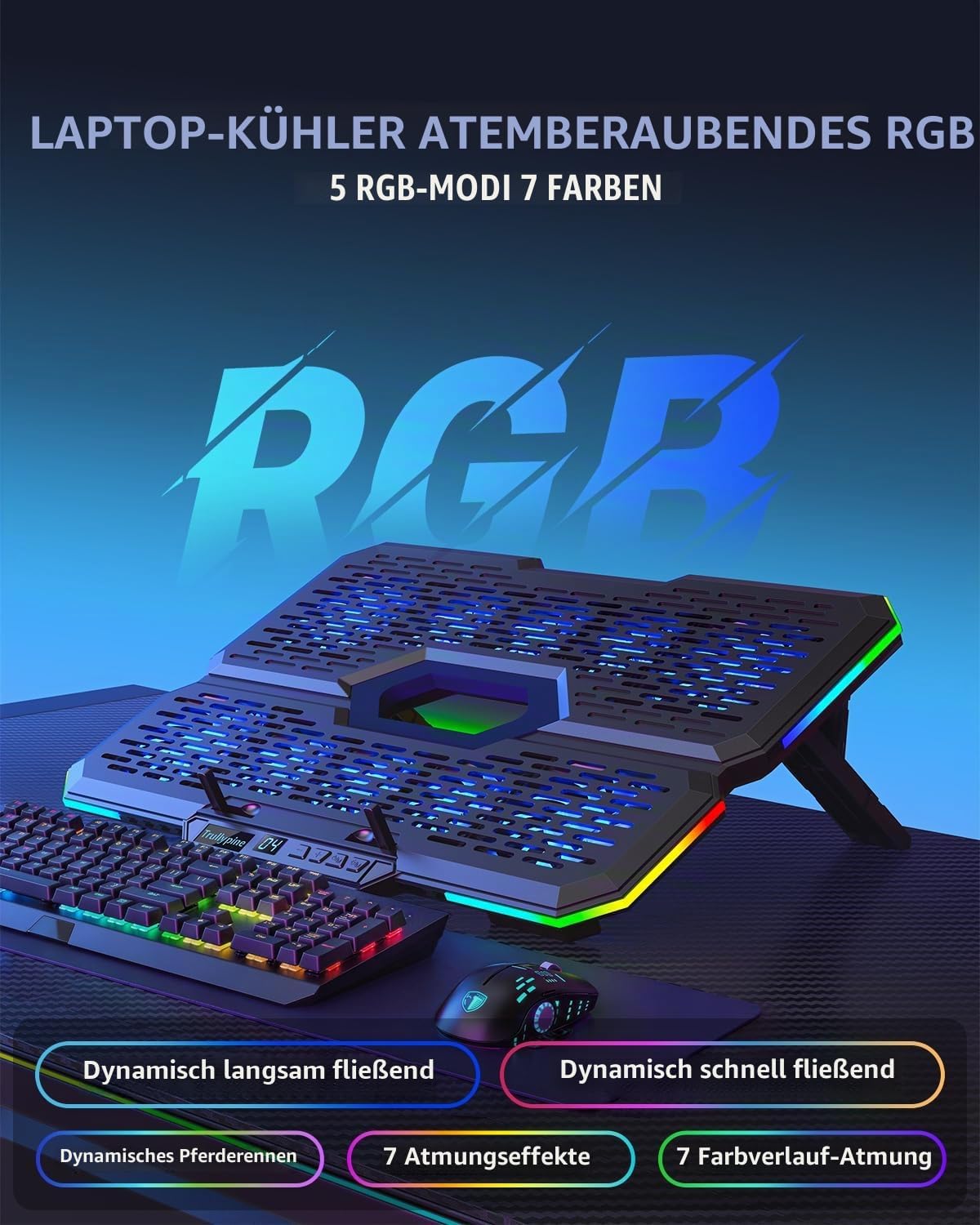 Detalle 2 de RGB Laptop Kühler mit 10 leisen Lüftern – verstellbar, USB-A/C, Handyhalterung, kompatibel 12–18,1 Zoll