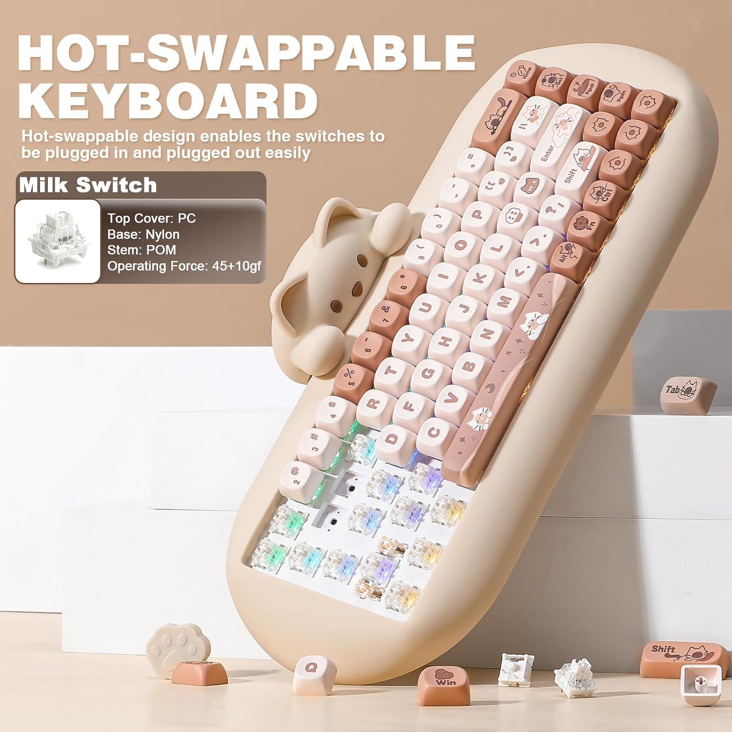 Detalle 2 de YUNZII C68 Wireless Mechanical Keyboard — 65% Layout, Cat Silicone Design, Brown Milk Switch