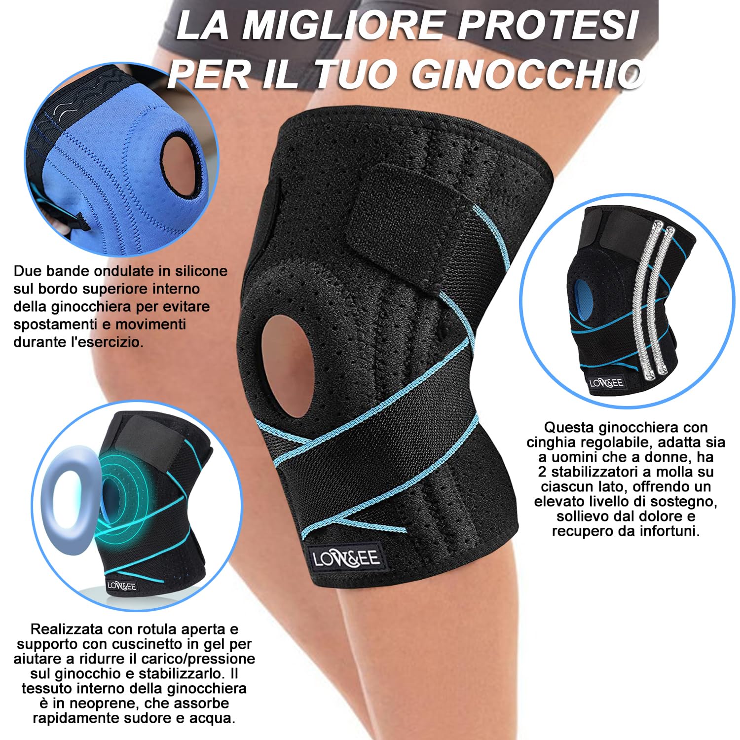 Detalle de LOW&EE Tutore Ginocchio con Stabilizzatori Laterali e Gel Pad – Ginocchiera ortopedica in neoprene, taglia unica