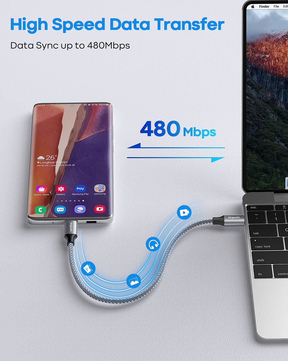 Thumbnail 4 de etguuds USB-C auf USB-C Kurz-Kabel (30 cm) – 2er Set, bis 60 W PD & 480 Mbit/s, Nylon, grau