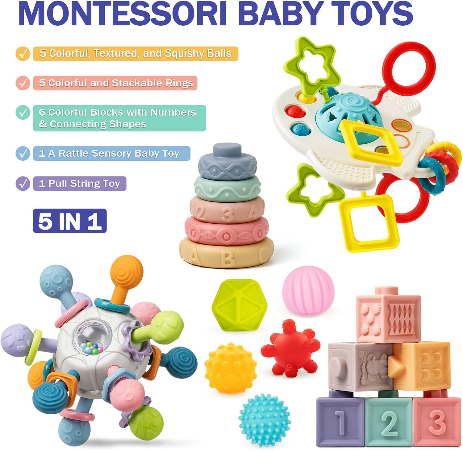 Detalle de Jyusmile LLESSL-Ca-230614 5-in-1 Montessori Baby Toy Set with Stacking Toys