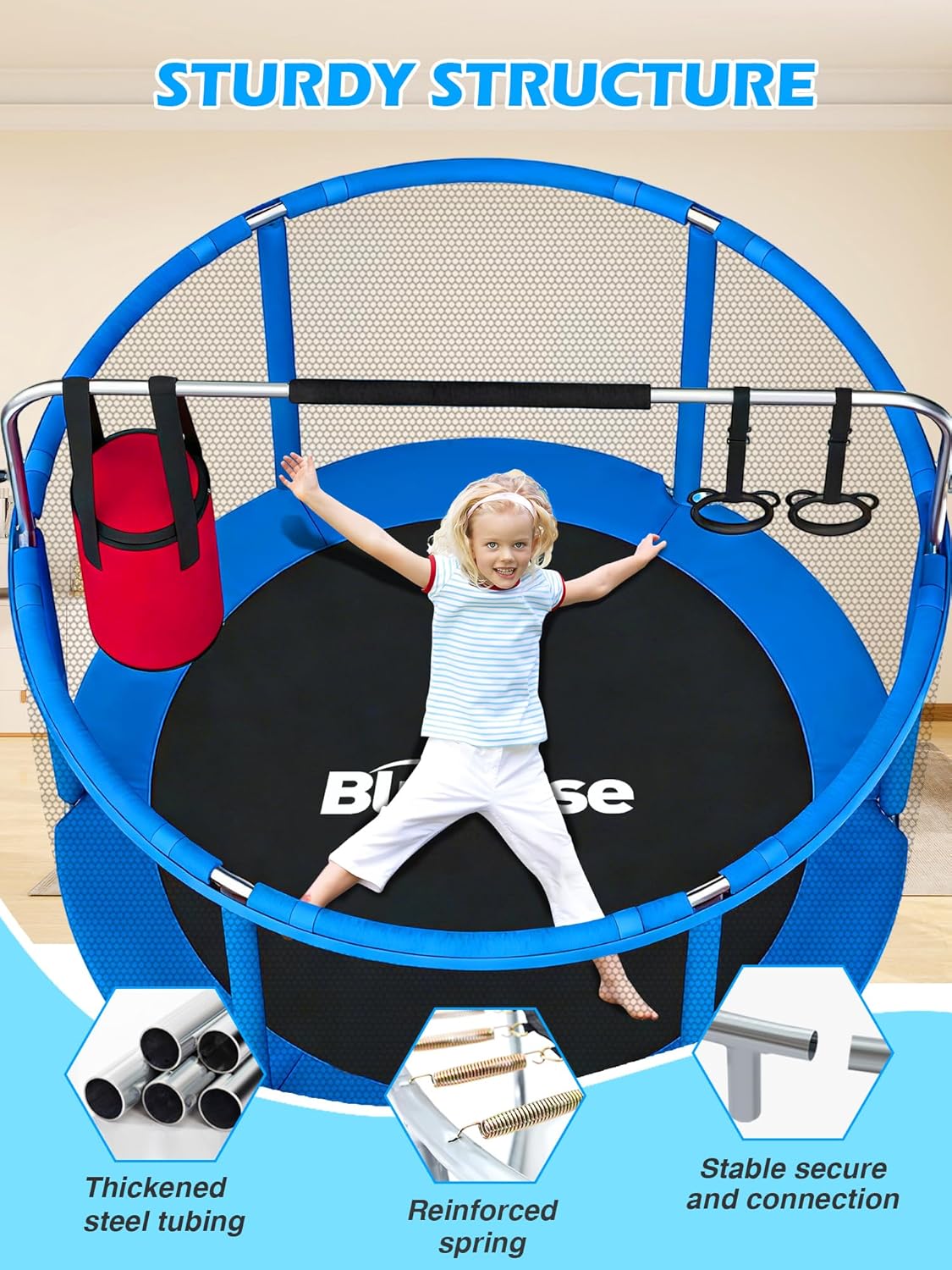Detalle de BLUERISE 60" Trampoline for Kids with Adjustable Gymnastics Bar & Safety Net