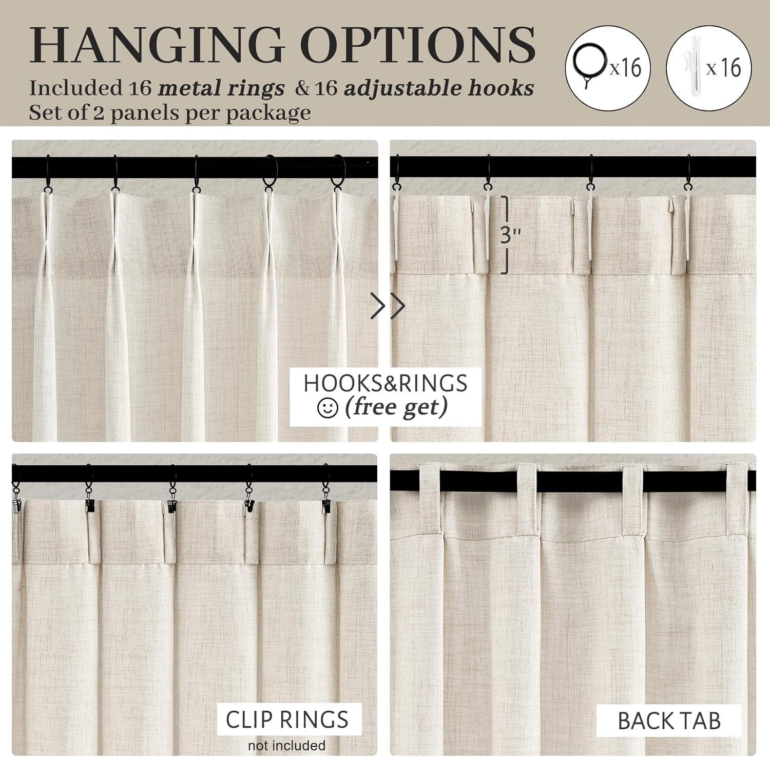 Thumbnail 4 de Pinch Pleated Linen Curtains 96 in Light-Filtering Drapes 🪟