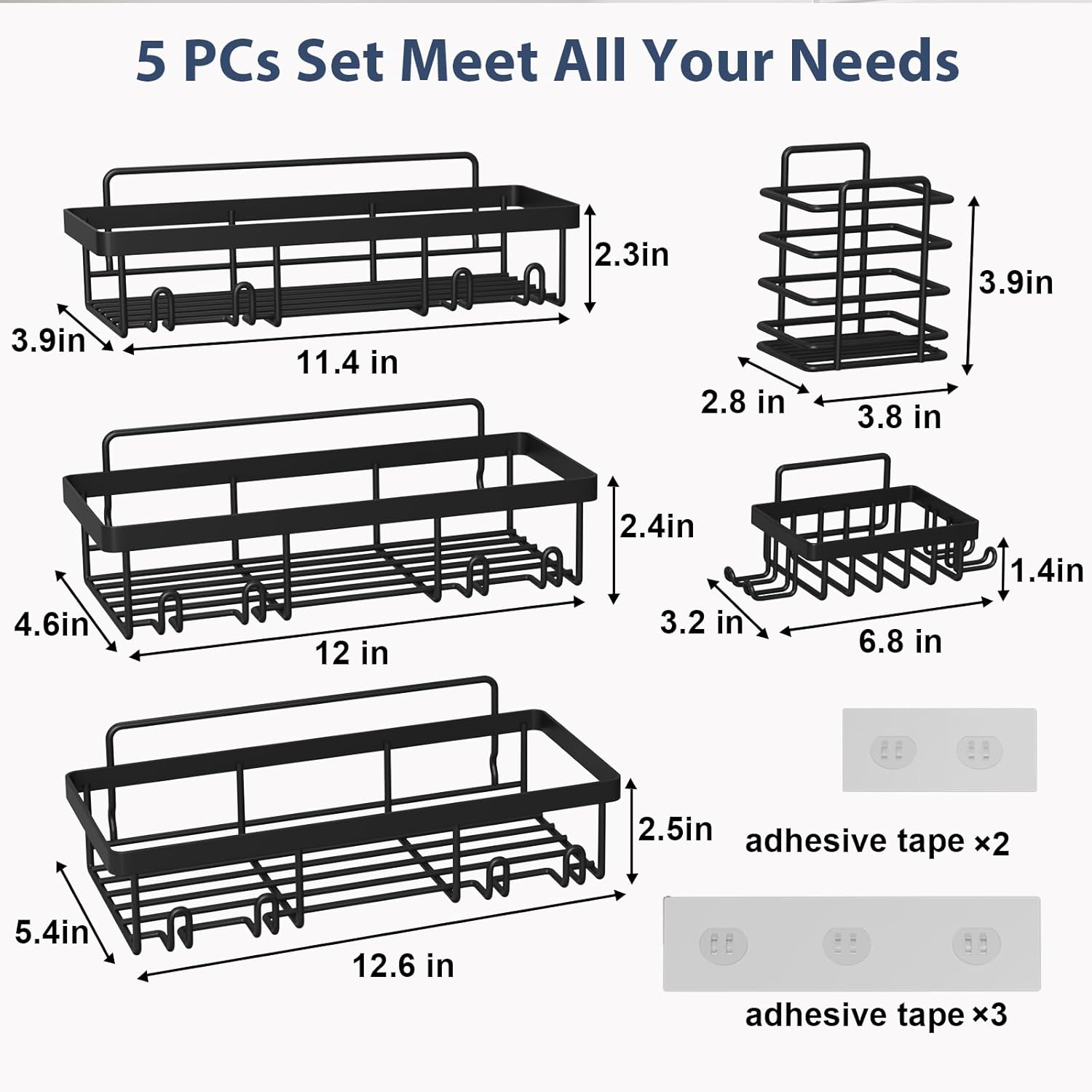 Thumbnail 1 de Liuoud 5-Pack Shower Caddy Organizer Rack – Adhesive Stainless Steel Wall Shelf Set (Black)