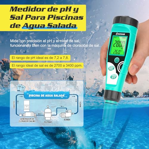 Thumbnail 1 de UIUZMAR Medidor 7 en 1 para Piscinas: pH, Cloro, Salinidad, ORP, TDS, EC y Temp con Soluciones de Calibración