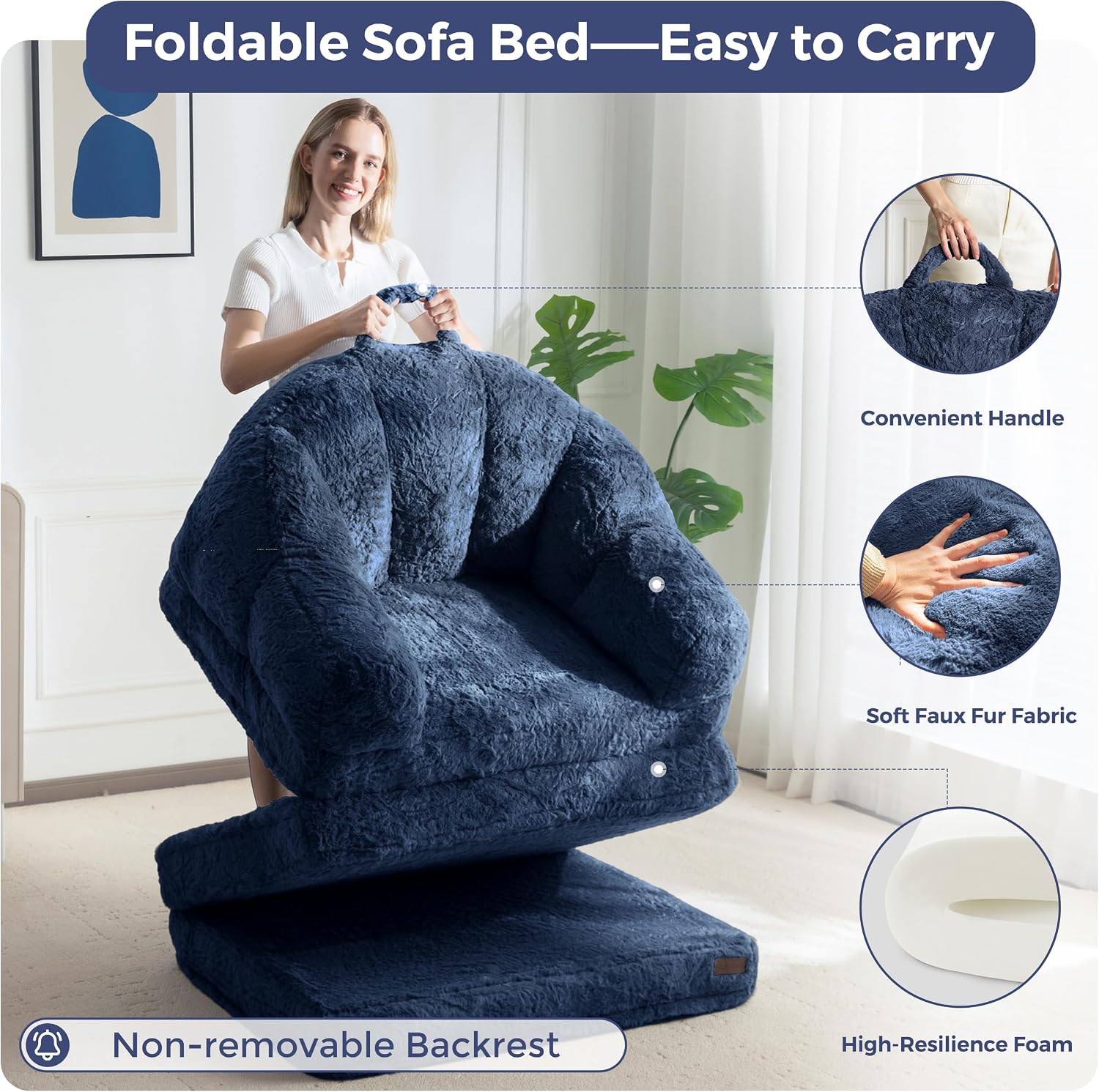 Thumbnail 2 de MAXYOYO Folding Sofa Bed, 2-in-1 Navy Faux Fur Floor Lounger, Medium