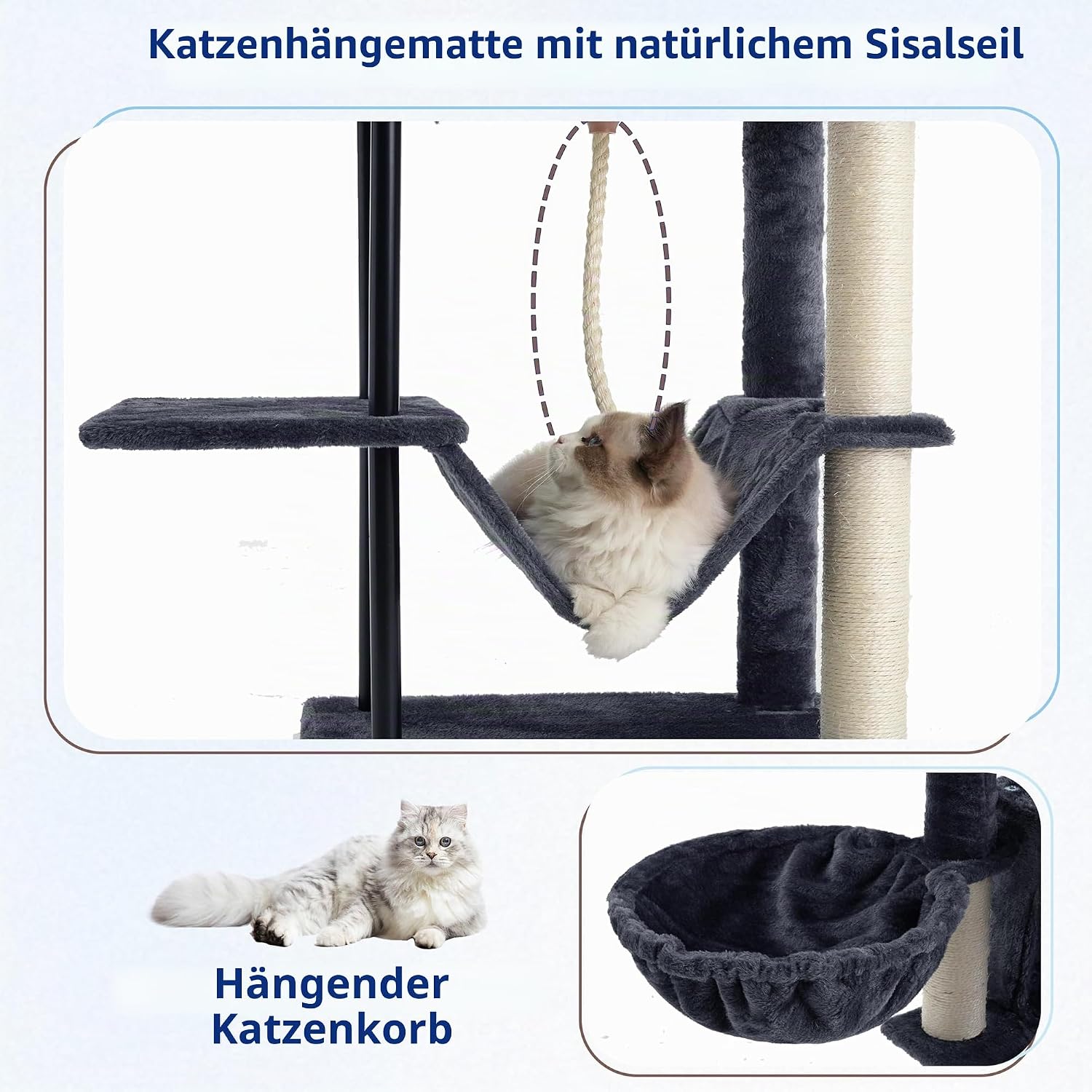 Thumbnail 3 de Gitelsnour Kratzbaum für Innenbereich, 110 cm, Katzenbaum mit Stabilen Metallrohren, Katzennest & Hängematte – Rauchgrau (GCT004SG-2)