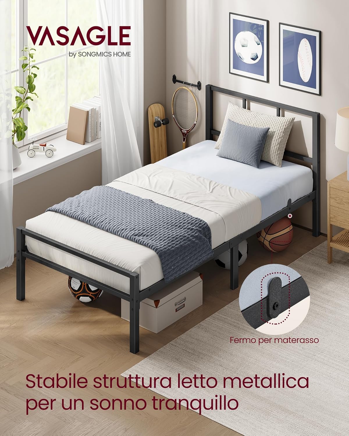 Thumbnail 2 de VASAGLE Struttura Letto Singolo 90x190 cm RMB291B101 – Testiera in metallo, montaggio facile, fino a 250 kg
