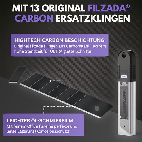 Detalle 2 de Filzada® 3x Cuttermesser Profi 18mm Ultrascharf + 13x Carbon Klingen – robust und vielseitig
