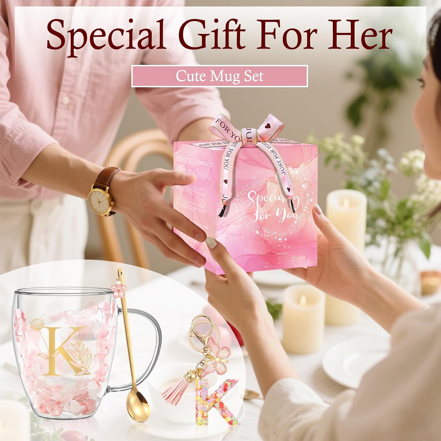 Thumbnail 6 de Gifts for Women Glass Coffee Mugs with Gold Monogram and Dried Flowers – Personalised 280ml Double-Walled