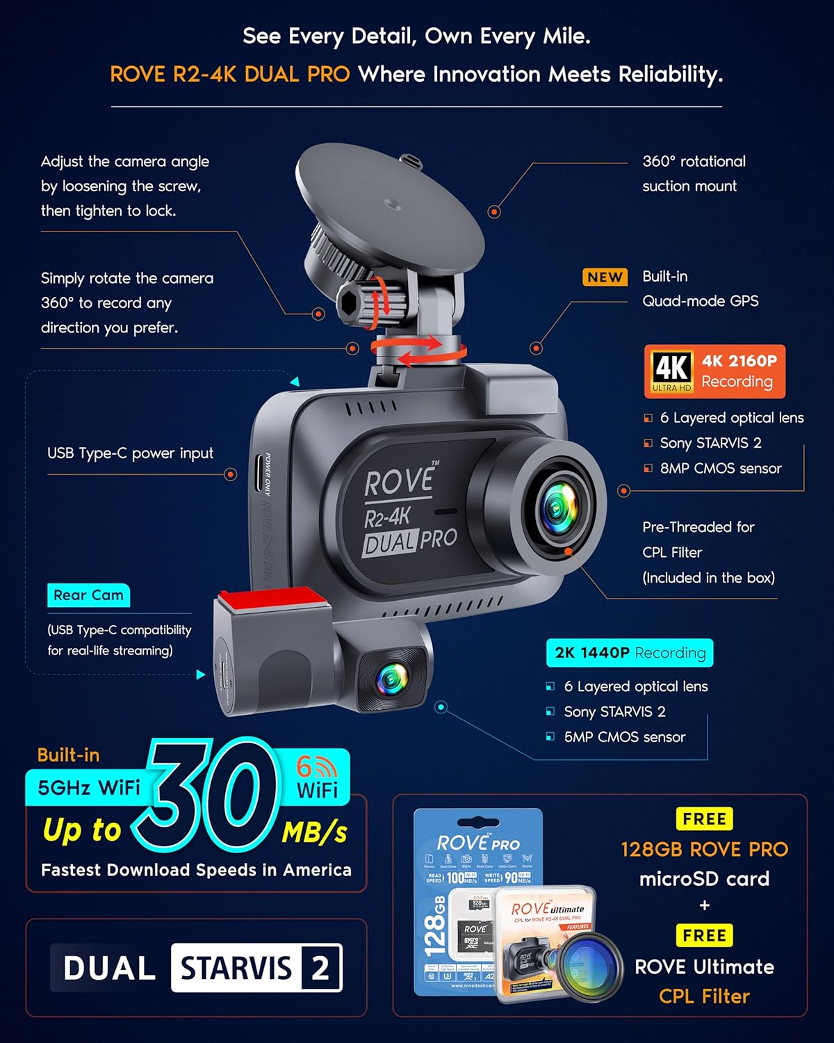 Thumbnail 2 de Rove R2-4K Dual PRO Dash Cam: Front & Rear 4K+2K with Dual STARVIS 2 Sensors