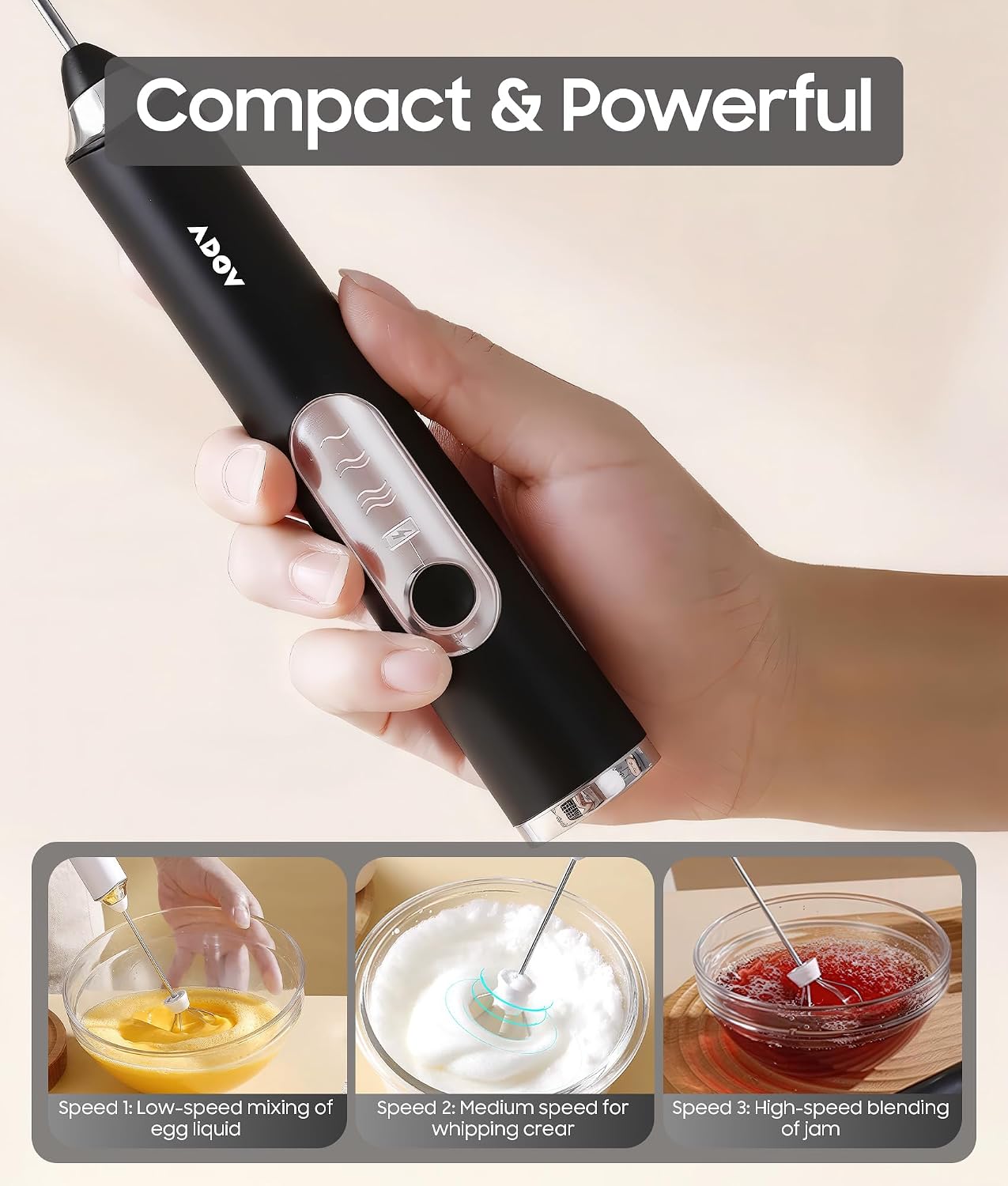 Detalle de ADOV 0142-MKF-BLK Handheld Milk Frother, USB Rechargeable, 3 Speeds