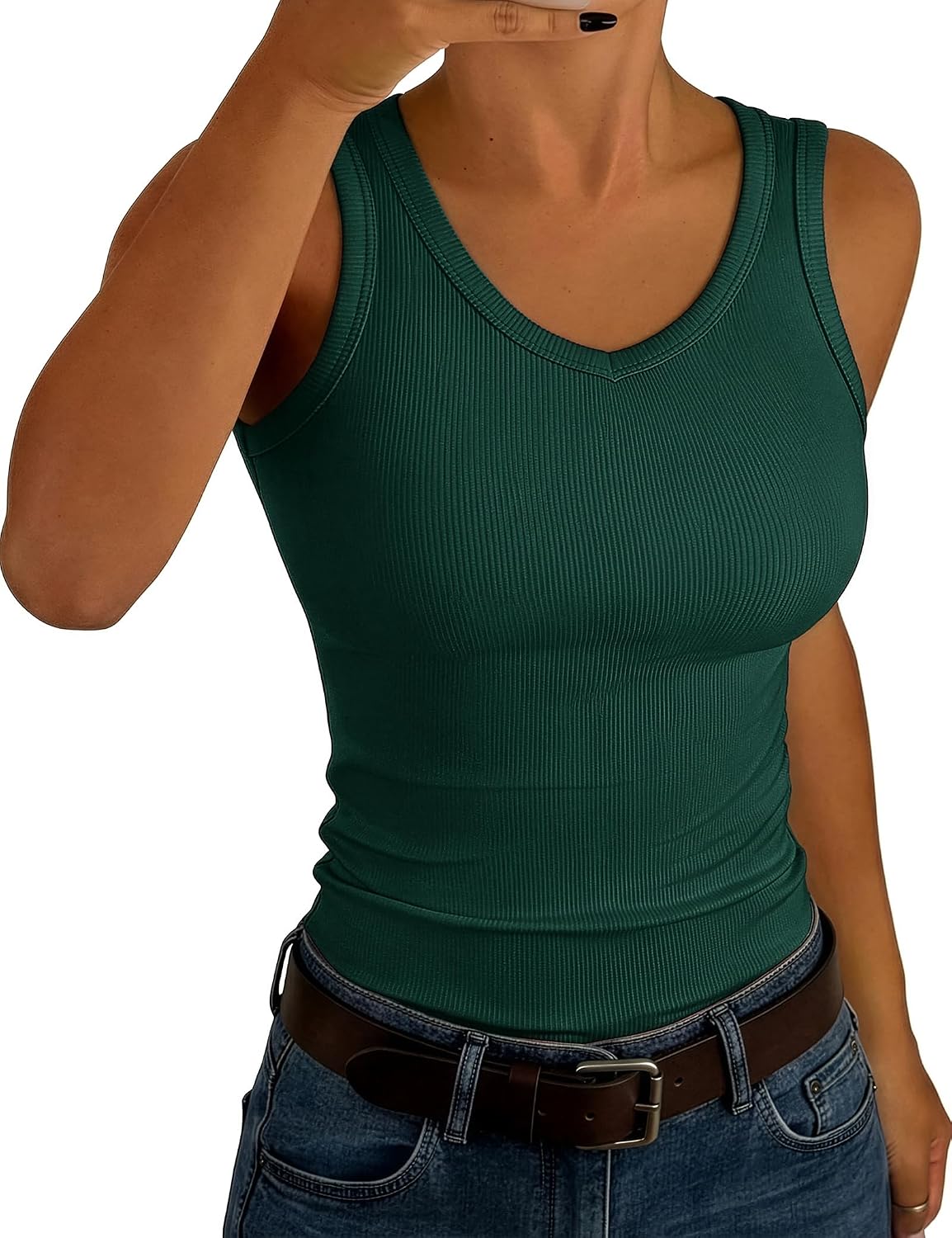 Detalle de Aottori Damen Tank Top V-Ausschnitt – elastisch, gerippt, Slim Fit