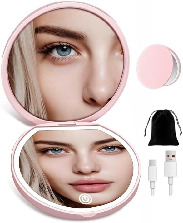 Detalle de SisKokoro 40X Rechargeable Compact Lighted Makeup Mirror, 3 Modes, Pink