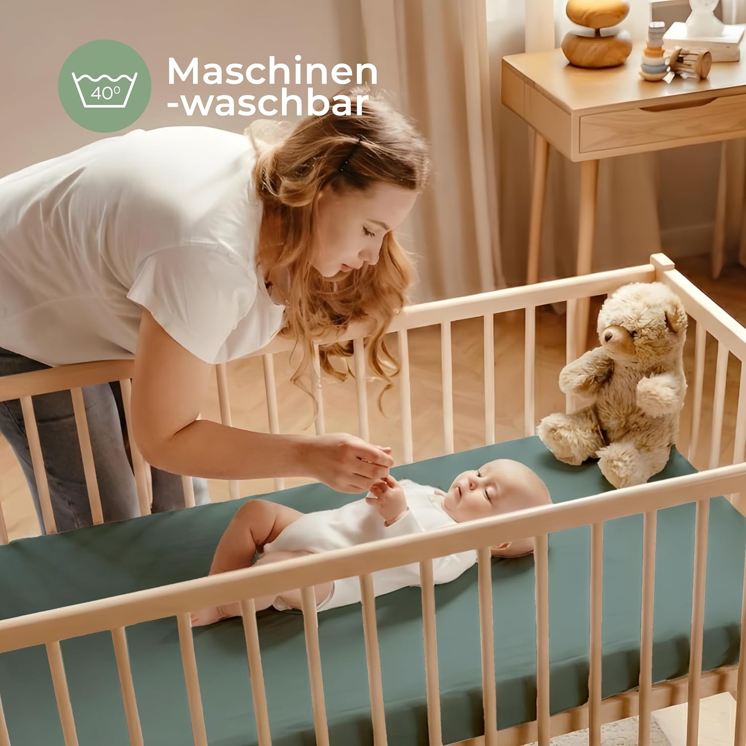 Thumbnail 6 de Dreamzie 2er Set Spannbettlaken 50x83 cm für Kinderwagen, Kapuze & Reisebett – Oeko-Tex Baumwolle, Salbei/Weiß