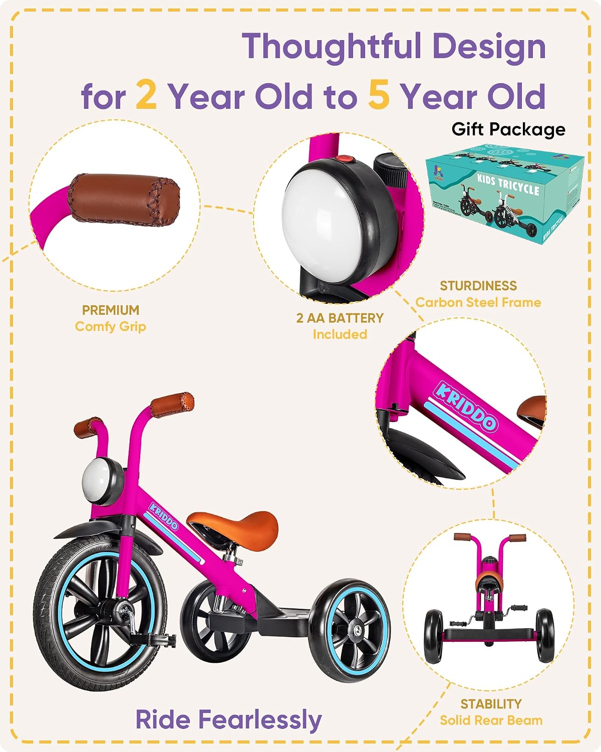 Thumbnail 3 de KRIDDO Kids Tricycle 12 Inch Pink