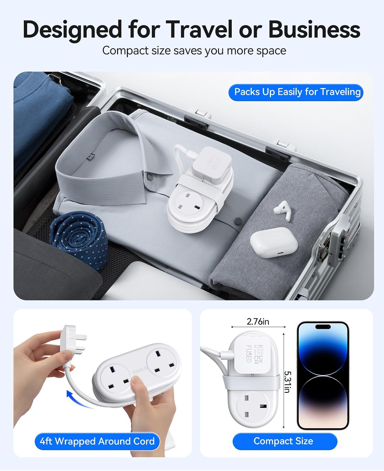 Detalle 2 de ORICO Travel Extension Lead with USB Slots, 2 AC outlets & 3 USB ports (1 USB-C) – 13A 3250W, rollable power strip