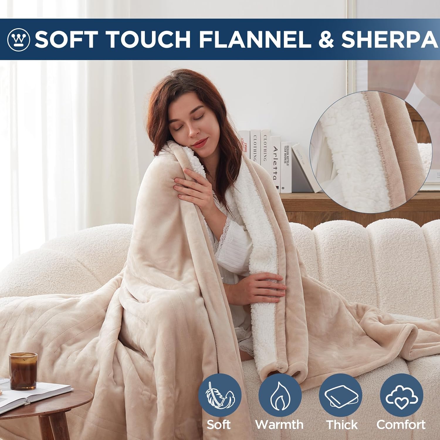Thumbnail 4 de Westinghouse KTHT-QCHVS-W Heated Throw Blanket, Beige Flannel and Sherpa