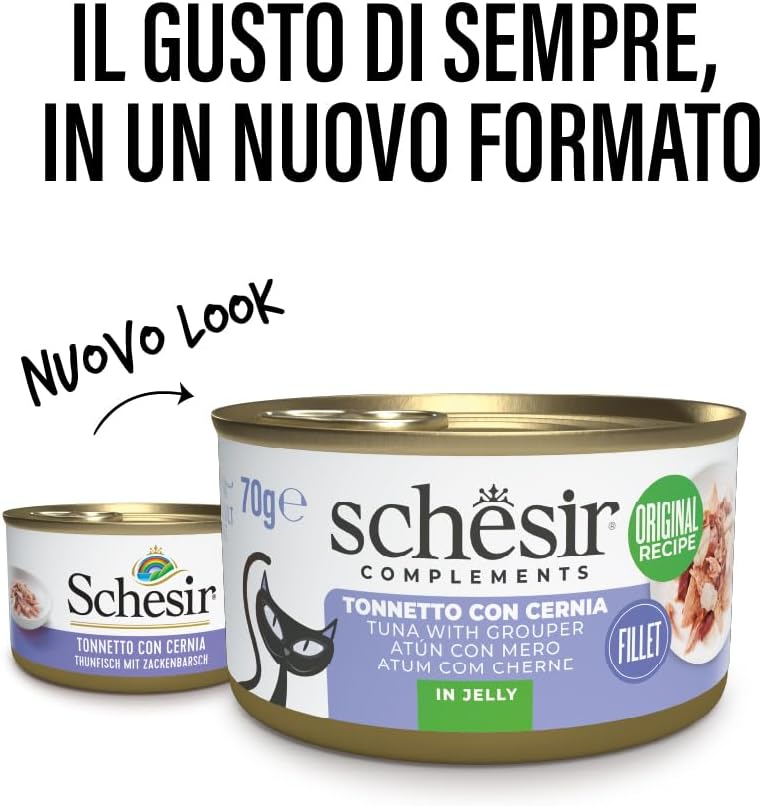 Detalle de Schesir Filetti di Tonno con Cernia in Gelatina – 12 lattine da 70 g: alimento umido per gatti