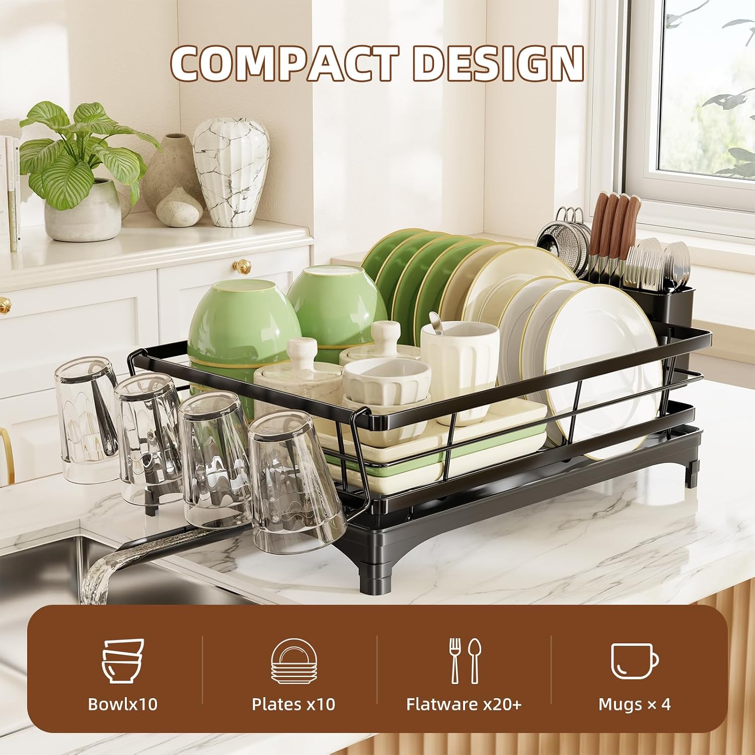 Detalle de Simple Trending Countertop Dish Drainer in Black (Large, 21.5" L) with Utensil Holder and Cup Hooks