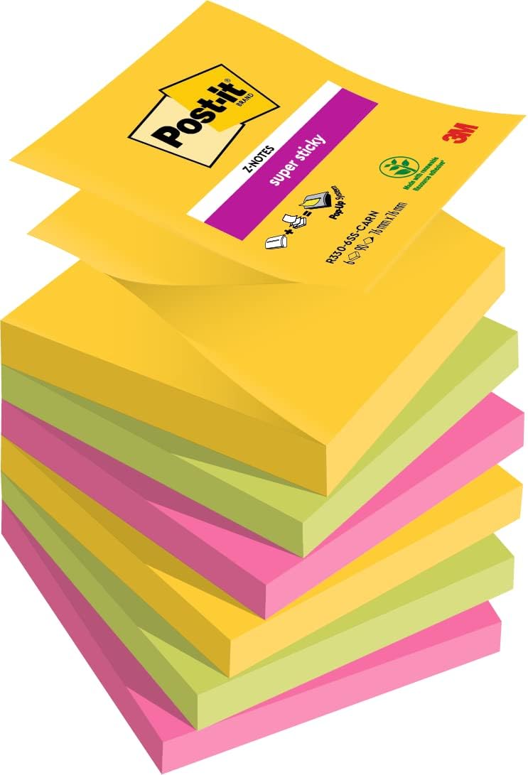 Detalle de Post-it Z-Notes Autocollantes Super Sticky – Pack de 6 blocs, 90 feuilles chacun, 76 x 76 mm (Jaune, Rose, Vert)