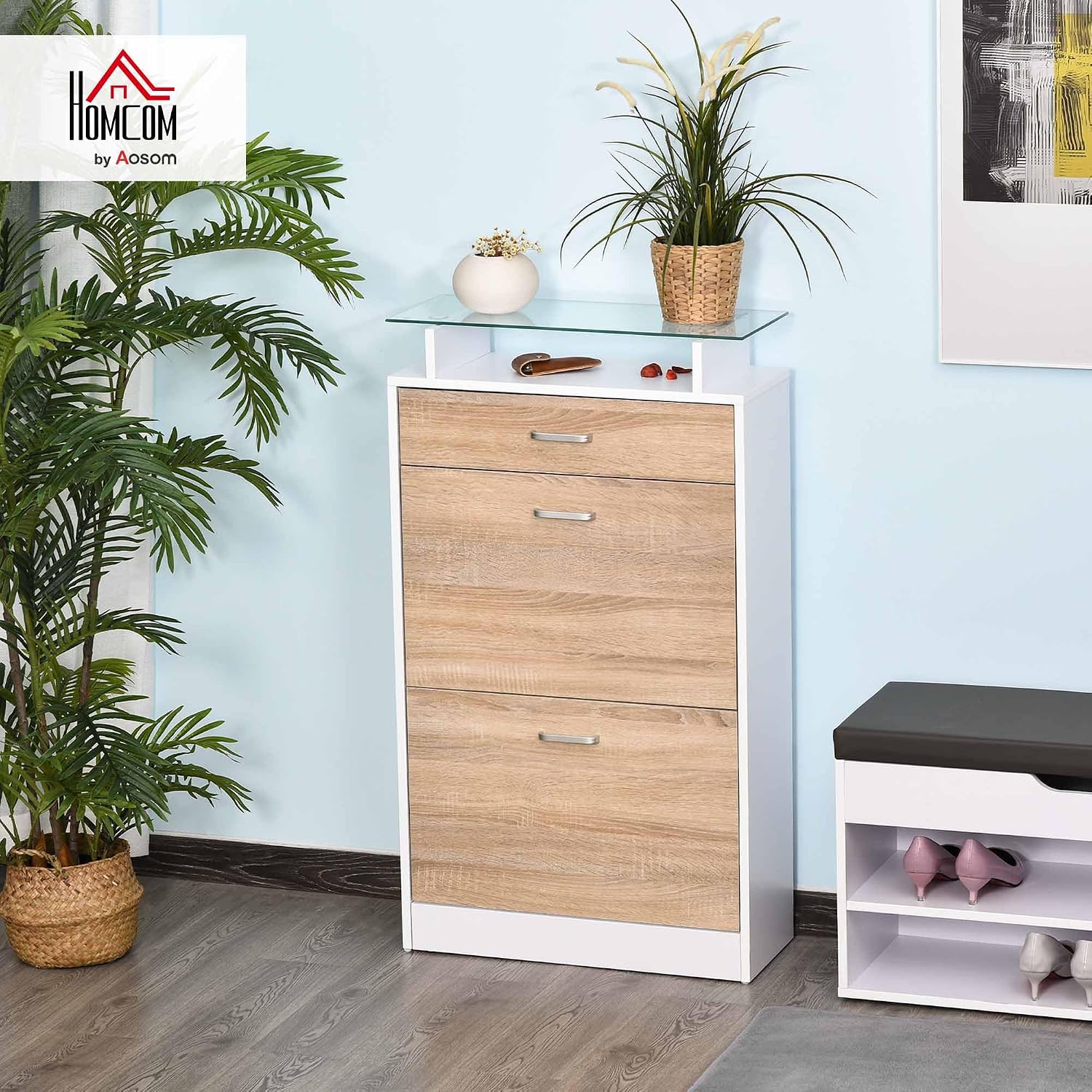 Thumbnail 1 de HOMCOM Armoire à Chaussures — Meuble de rangement 2 portes abatantes, 2 compartiments, tiroir et plateau en verre, bois chêne blanc
