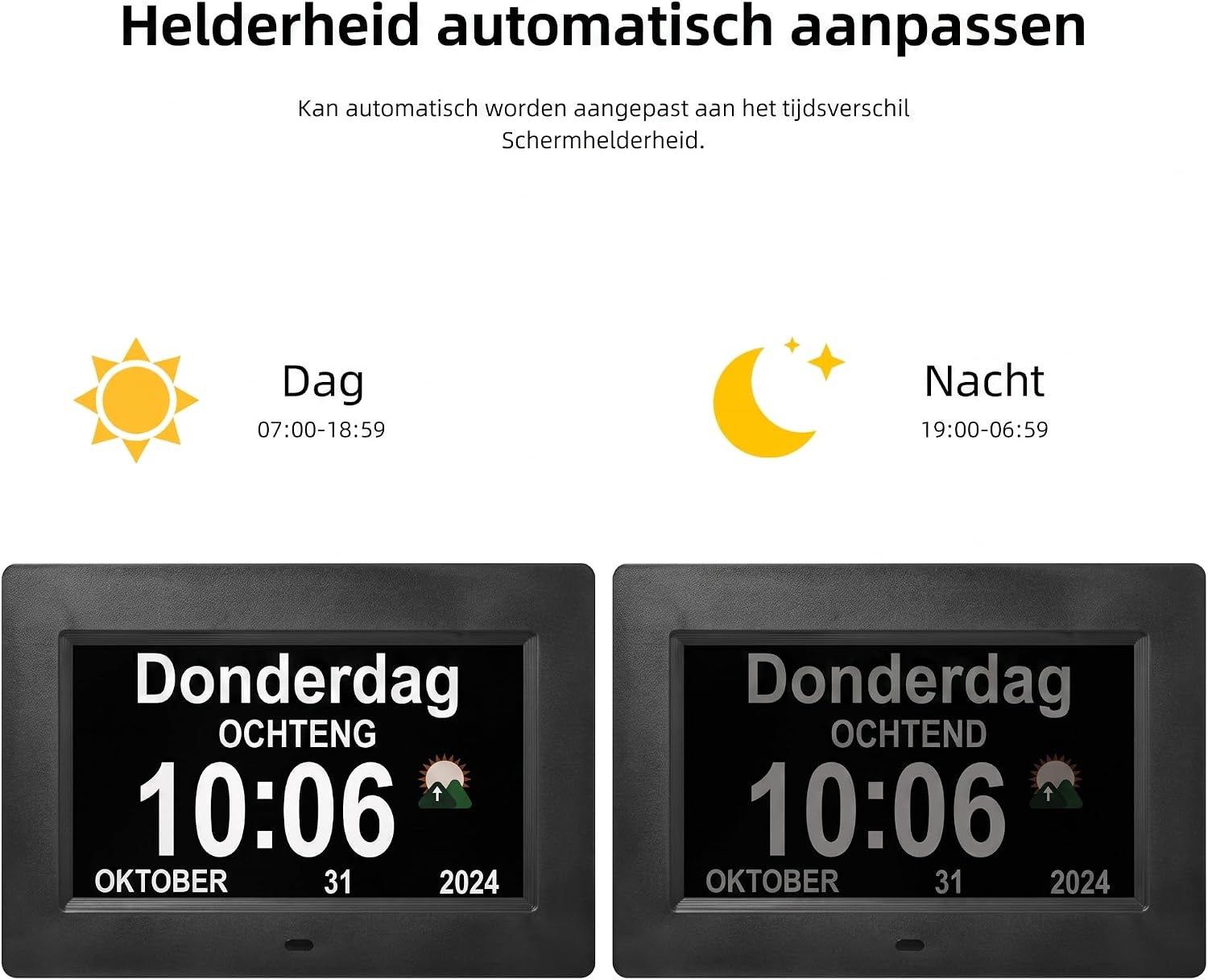Thumbnail 4 de Memwake digitale dementieklok met 7-inch scherm, alarmen en dimbare helderheid