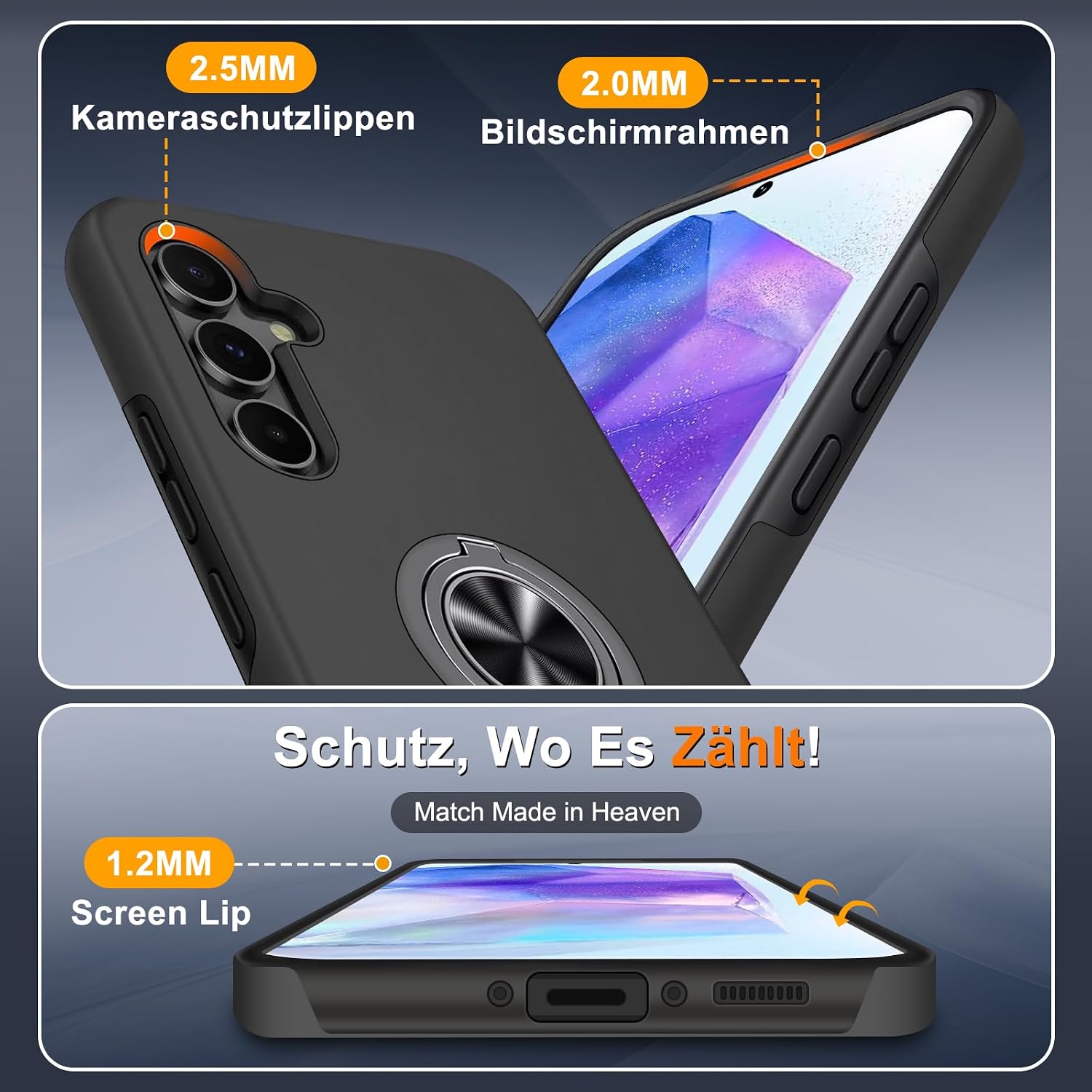 Detalle de Vaki Handyhülle für Samsung Galaxy A54 5G mit Ringständer – Schutzfolie inklusive, Schwarz