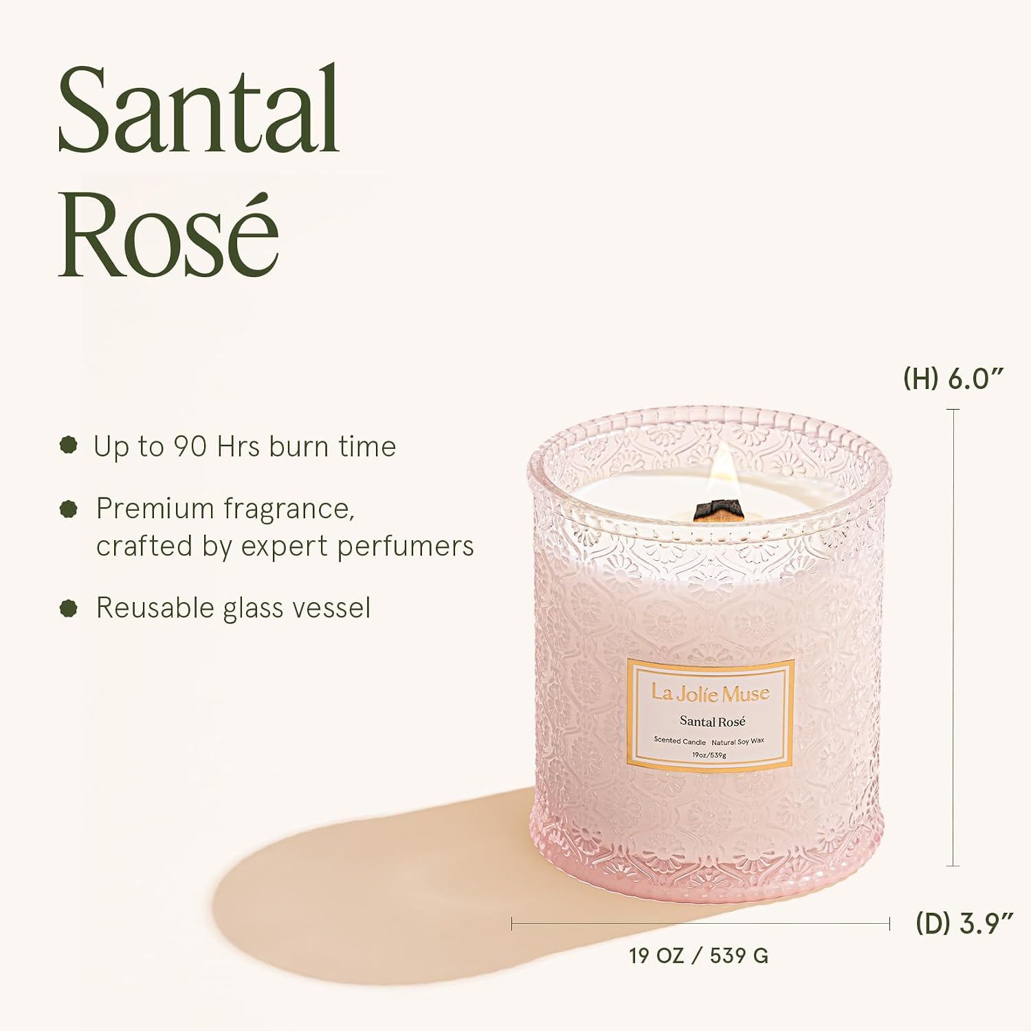 Detalle de LA JOLIE MUSE Rose Noir & Oud Scented Candle – 19 oz Large Wooden Wick, Soy Wax, 90 Hours