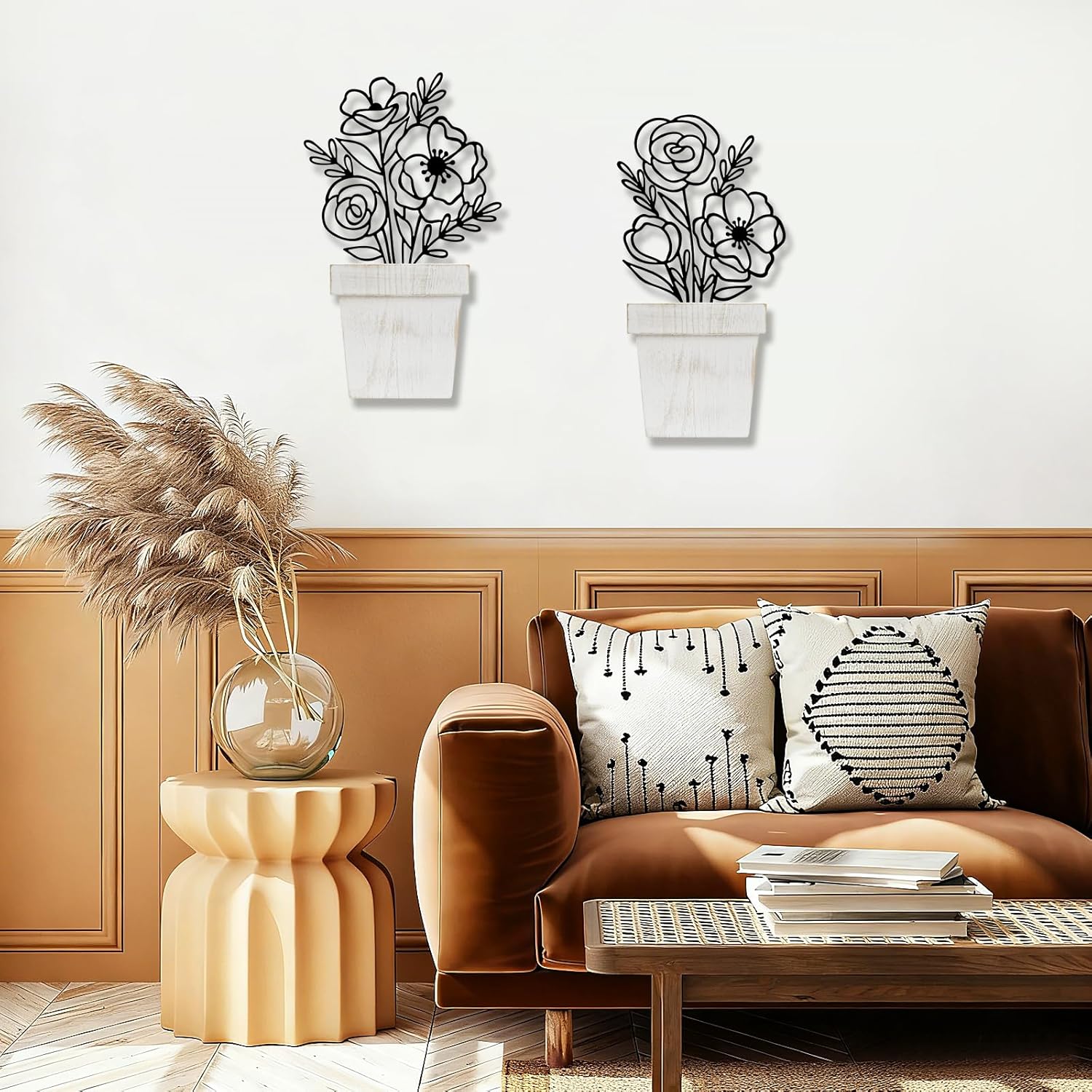 Detalle de YiYa 2 Pcs Metal Flowers Wall Arts – Beige Minimalist Floral Line Wall Sculptures
