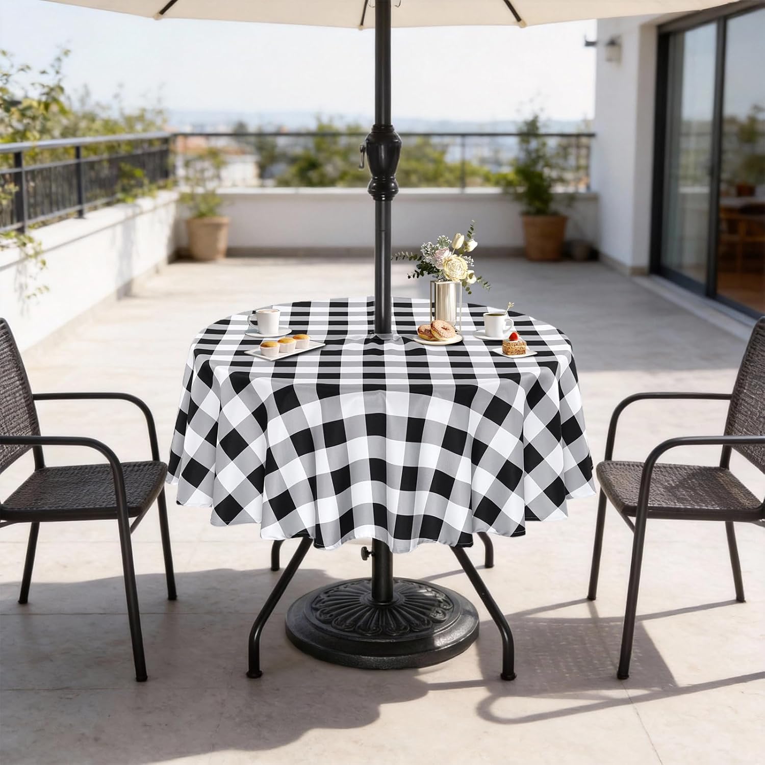 Thumbnail 5 de Eternal Beauty 152cm Round Black Checkered Tablecloth with Umbrella Hole & Zipper