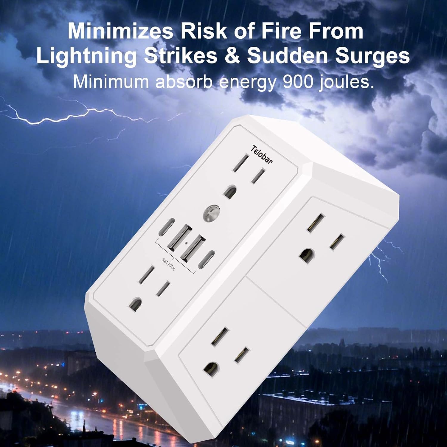 Detalle de Teiobar HR-519B Wall Outlet Surge Protector, 6 Outlets, 4 USB Ports