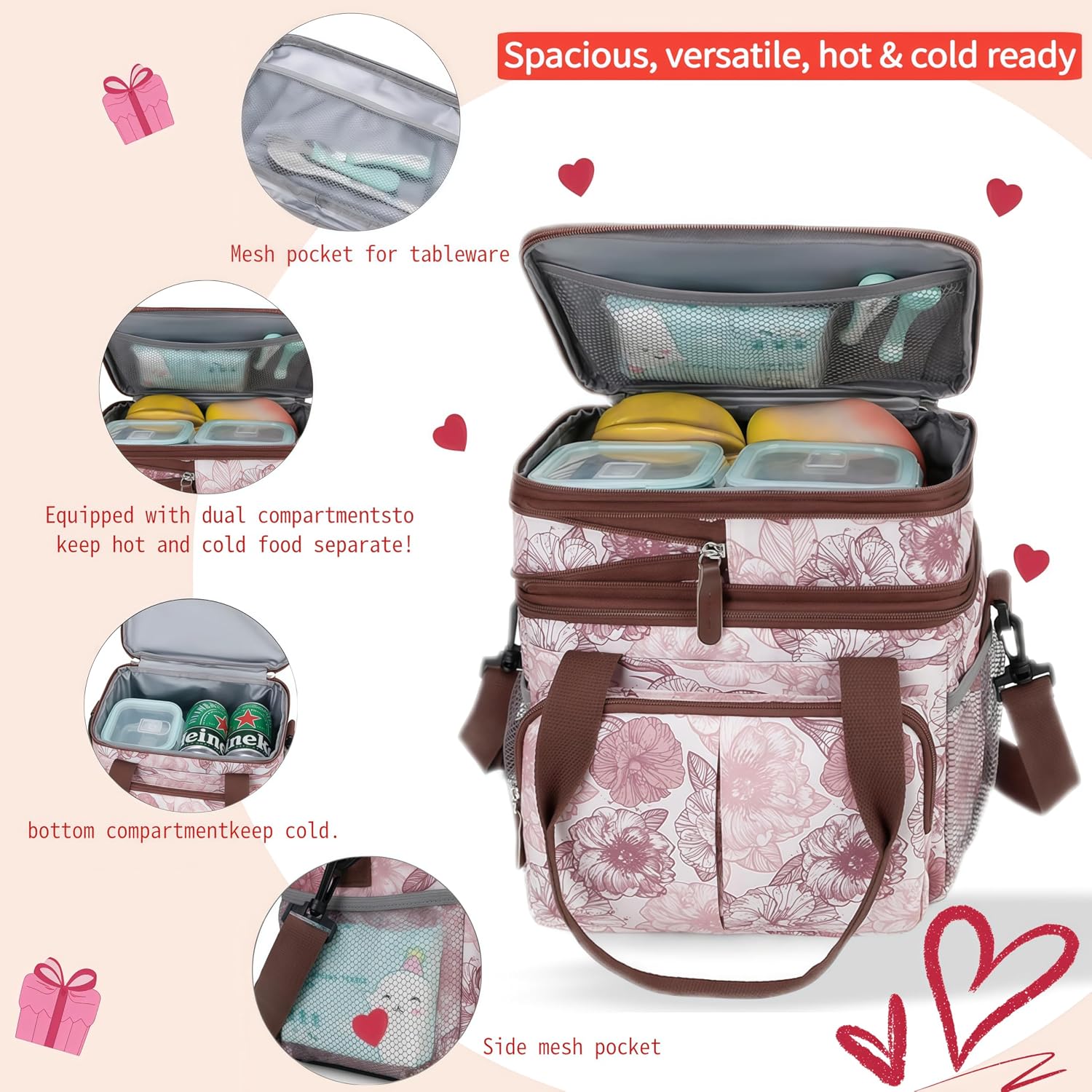 Detalle 1 de leocwen leocwenbag-1 Insulated Lunch Bag, 15 L, Pink Floral, 8 Pockets