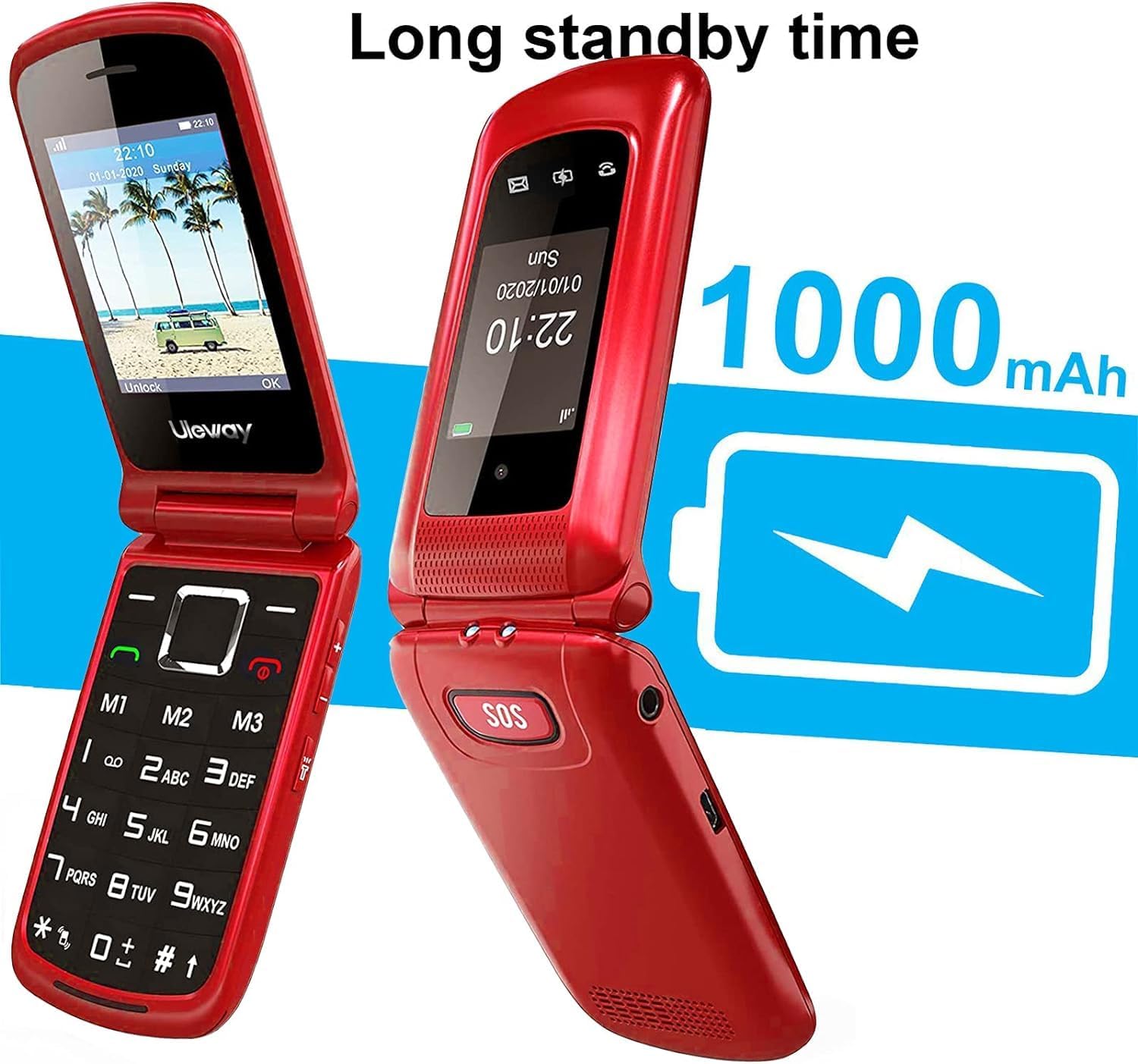 Detalle 2 de Tosaju Téléphone Portable 4G à clapet pour personnes âgées – 2,4" et 1,8" avec SOS