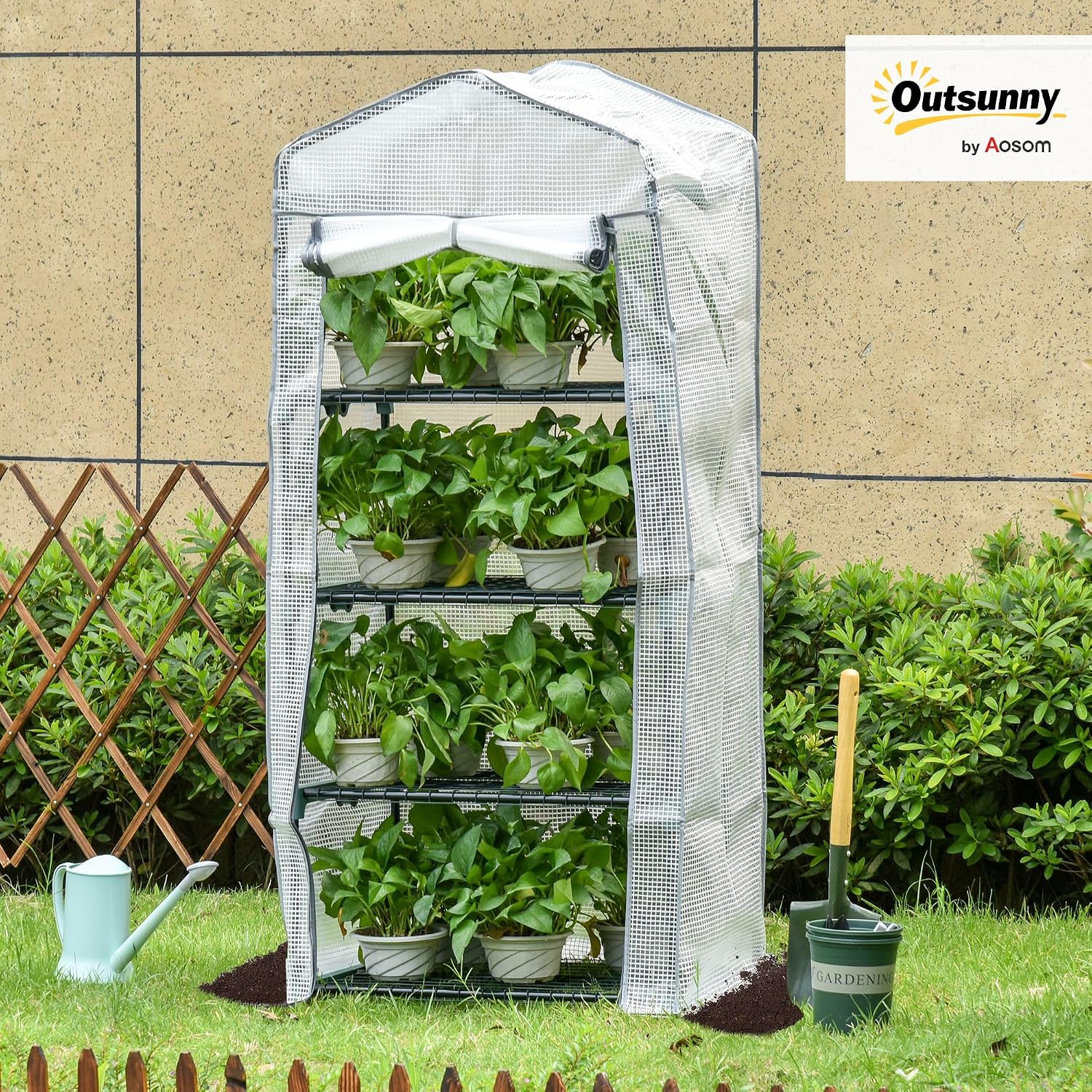 Detalle 2 de Outsunny 845-228V01WT tuinkas met 4 niveaus, PE-zeil en stalen frame
