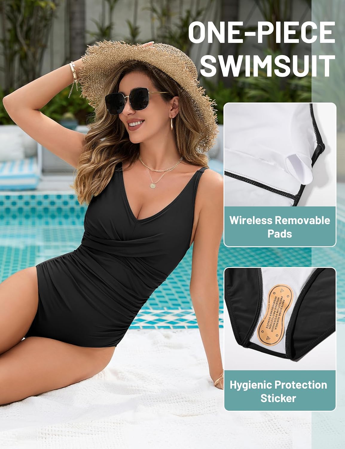 Detalle de UMIPUBO women’s tummy control one-piece swimsuit with ruched V-neck, padded push-up & cross front