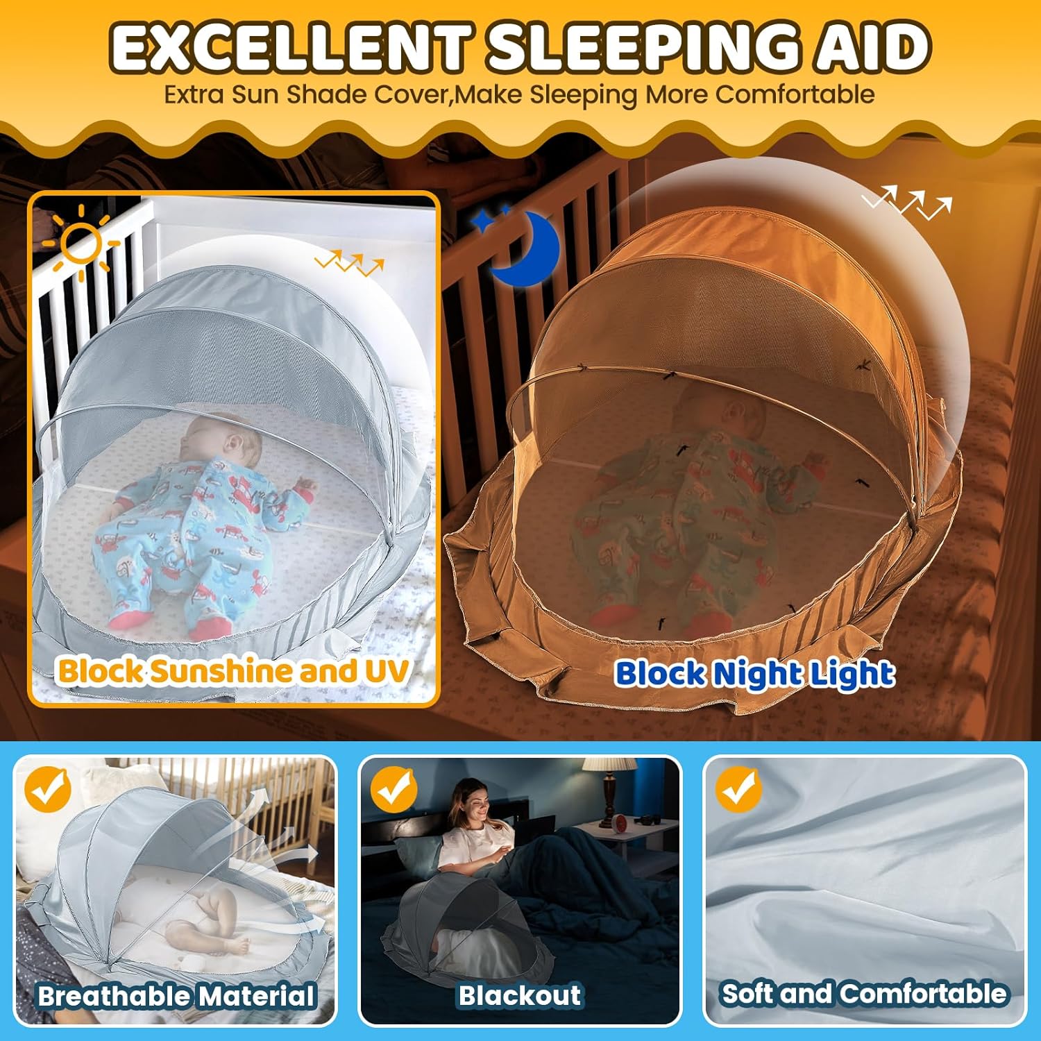 Thumbnail 1 de Orzbow faltbares Baby-Moskitonetz-Zelt (atmungsaktiver Lichtschutz), tragbar für drinnen & draußen