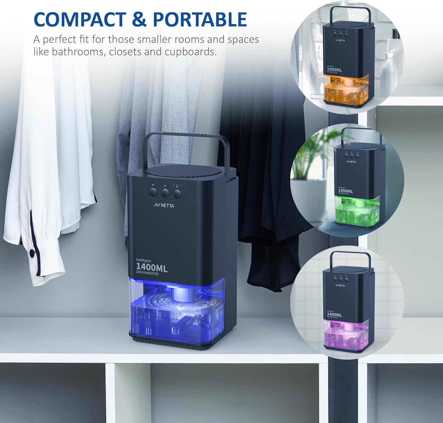 Thumbnail 5 de NETTA Mini Dehumidifier (1400ml) for Home Damp – 24hr Timer, Auto Shut Off, Ultra Quiet – Black