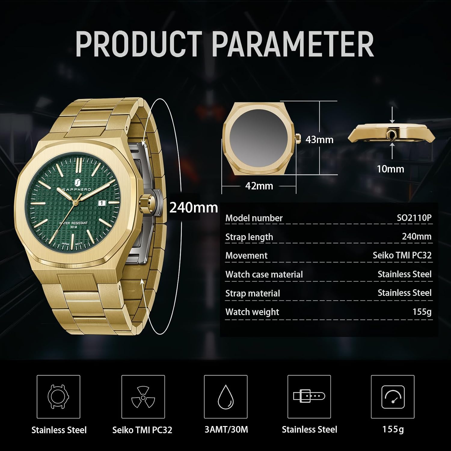 Thumbnail 2 de SAPPHERO Orologi Uomo Ottagonale 10ATM