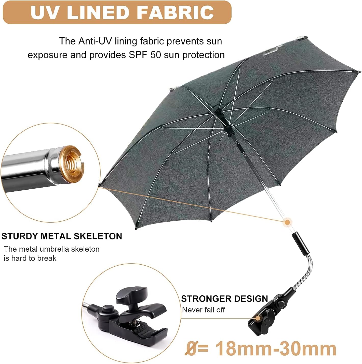 Thumbnail 2 de ZjRight Pram Parasol: 73cm UV 50+ Stroller Umbrella with 360° Adjustment and Clamp