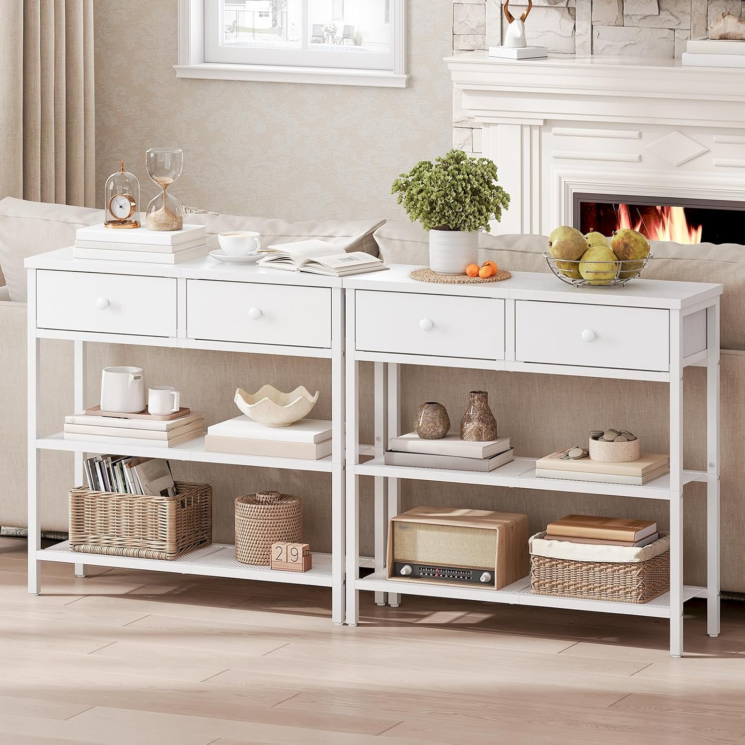 Detalle de HOOBRO Table Console Longue EWW72XG01G1 – Console industrielle blanche, 3 étagères ouvertes et 2 tiroirs en tissu non tissé