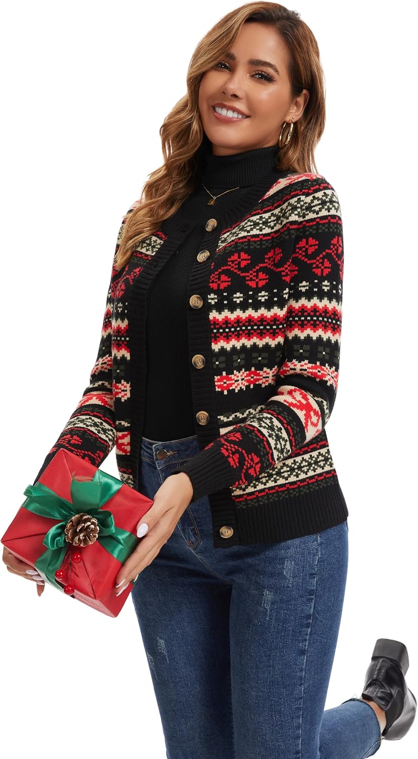 Detalle de Enjyam Damen Strickjacke Elegant Langarm Rundhals Cardigan – Norweger Muster, Weiche Viskosemischung