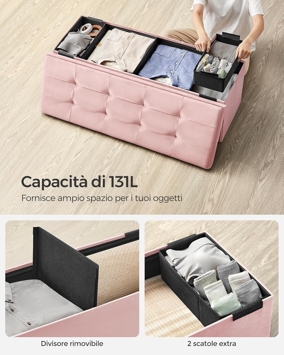 Thumbnail 5 de SONGMICS LSF277R01 Cassapanca Pouf contenitore pieghevole rosa pastello 38 x 110 x 38 cm