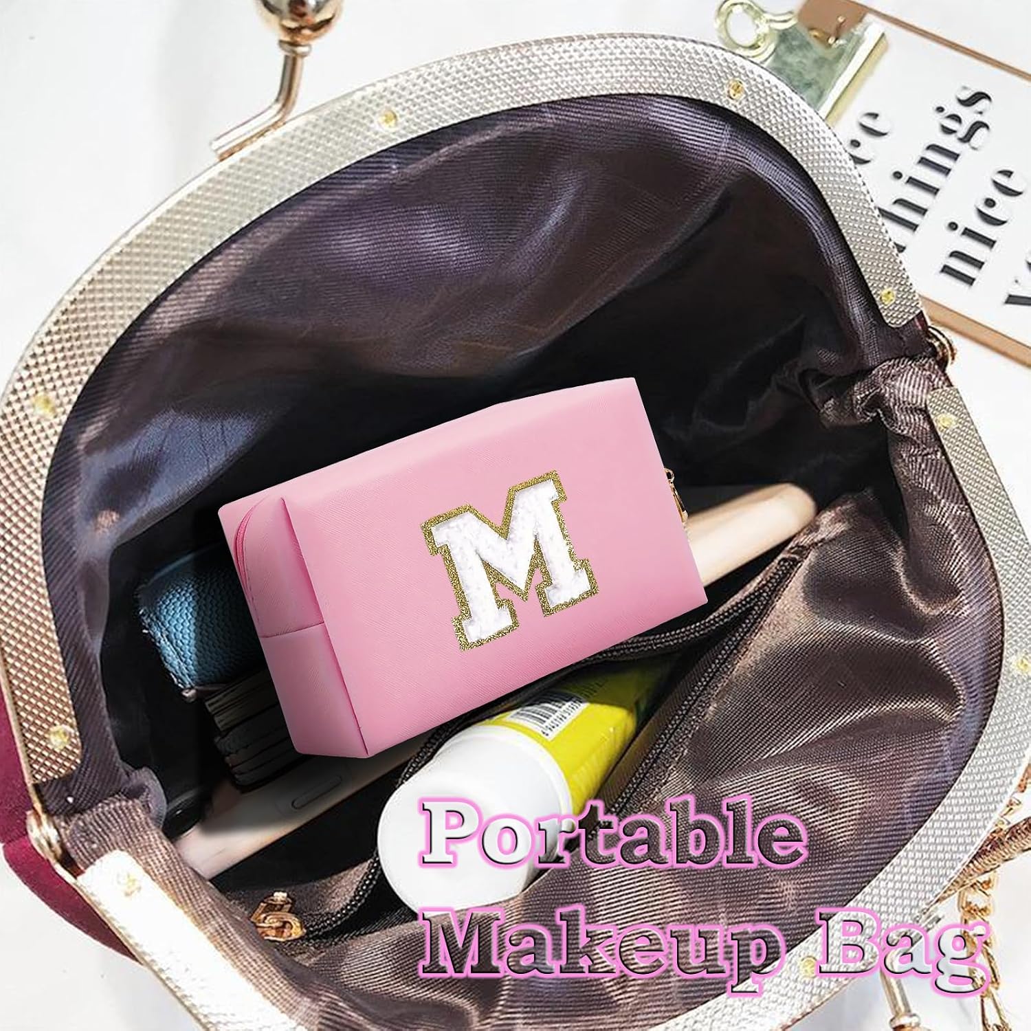 Thumbnail 2 de Anntry Small Personalised Initial Letter Makeup Bag – Pink PU Leather with Gold Chenille Patch