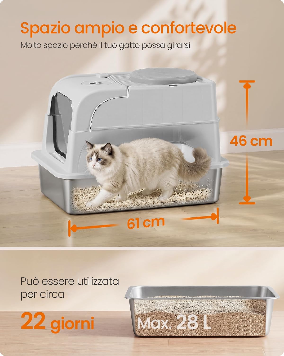 Detalle de Feandrea Lettiera per Gatti in Acciaio Inox con Coperchio: lettiera chiusa, 2 ingressi e kit completo