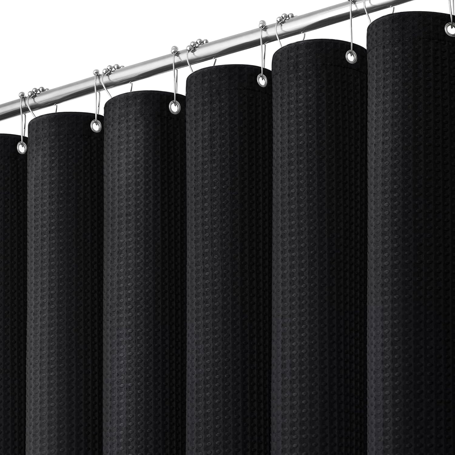 Detalle de Dynamene 84-Inch Waffle Weave Shower Curtain, 256 GSM, Black