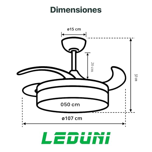 Detalle de LEDUNI Ventilador de Techo LED con Aspas Retráctiles – 66W (30W Motor DC + 36W Luz), Blanco