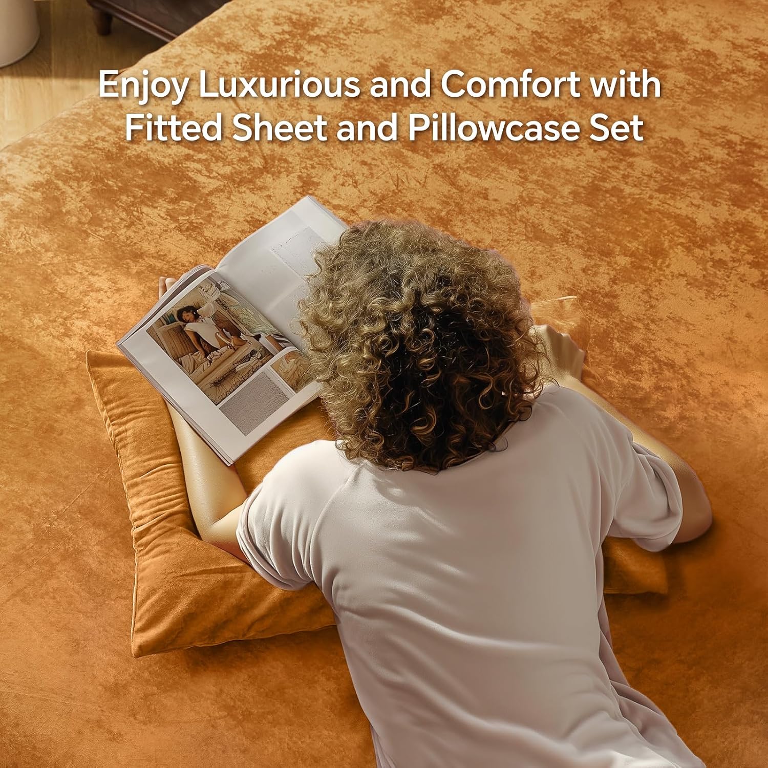 Detalle de BEDELITE Twin XL Velvet Fitted Sheet and Pillowcase Set, Burnt Orange