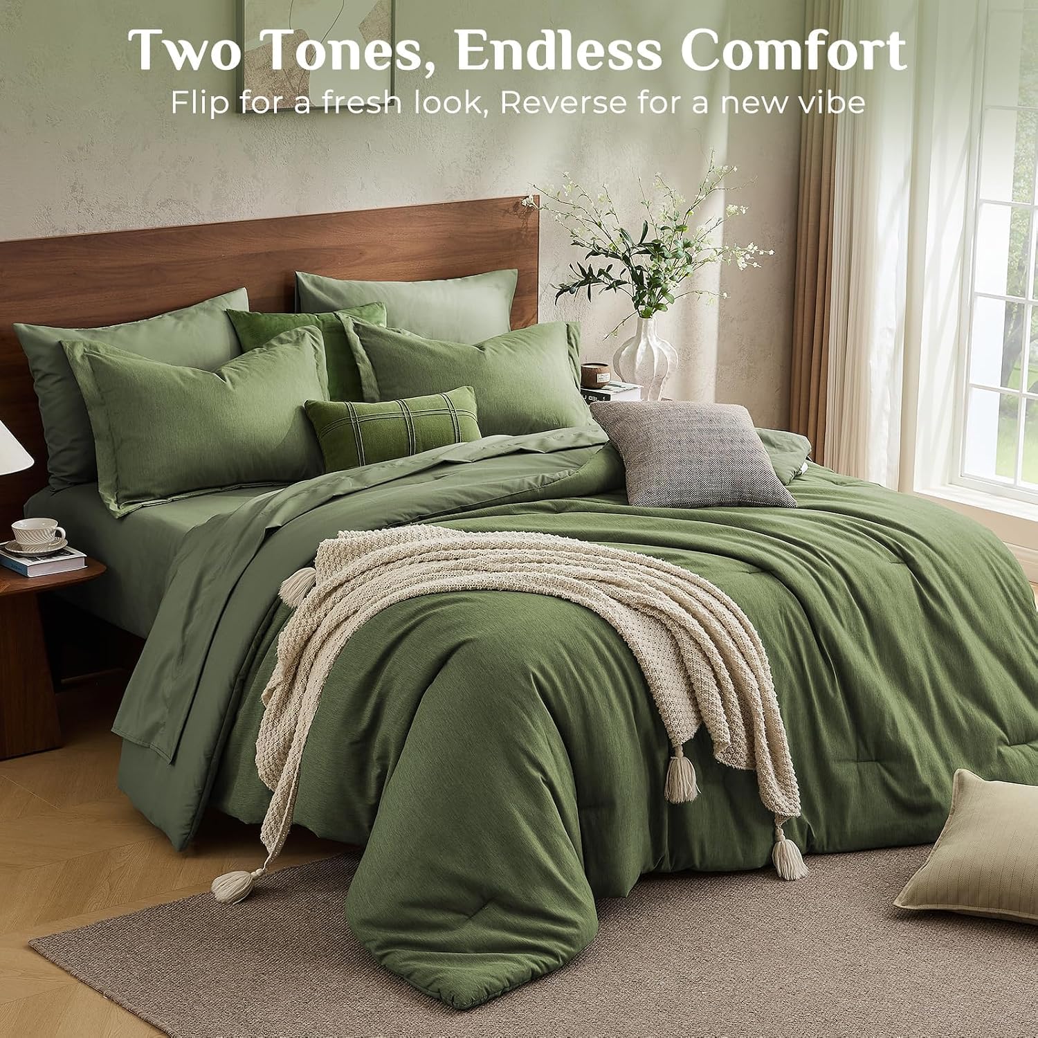 Detalle 2 de JOLLYVOGUE Queen 7-Piece Comforter Set, Dark Green, Double-Tone Microfibre